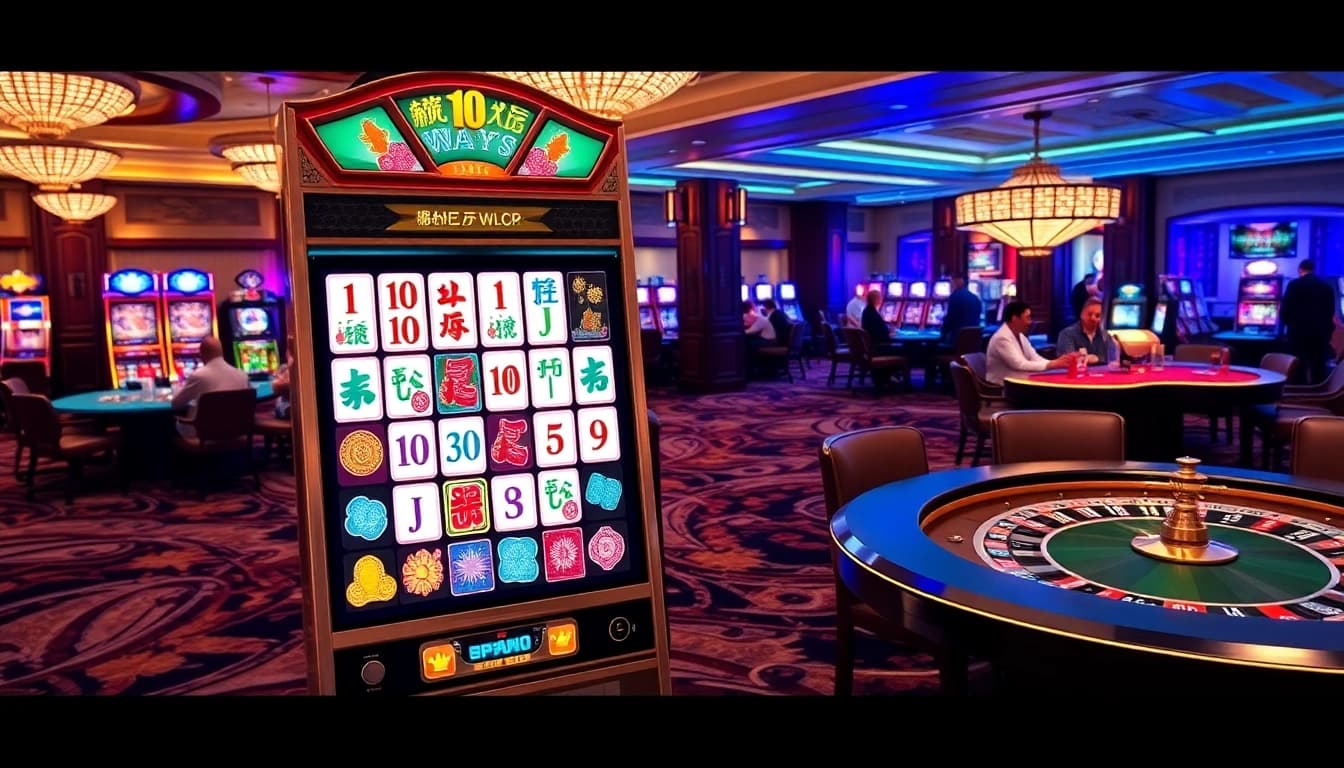 Mainkan Mahjong Ways 2 di kasino yang penuh warna, menampilkan sensasi mesin slot dan kemewahan.