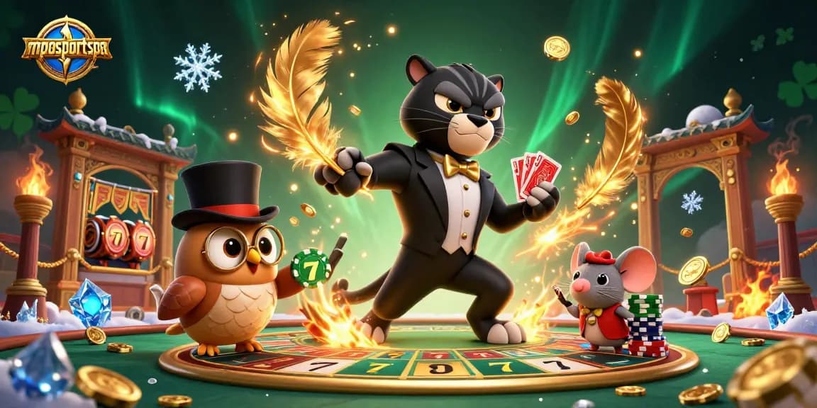 Mposportspa menampilkan elemen kasino yang stylish dengan panther, burung hantu, dan tikus di tengah aksi permainan yang dinamis.