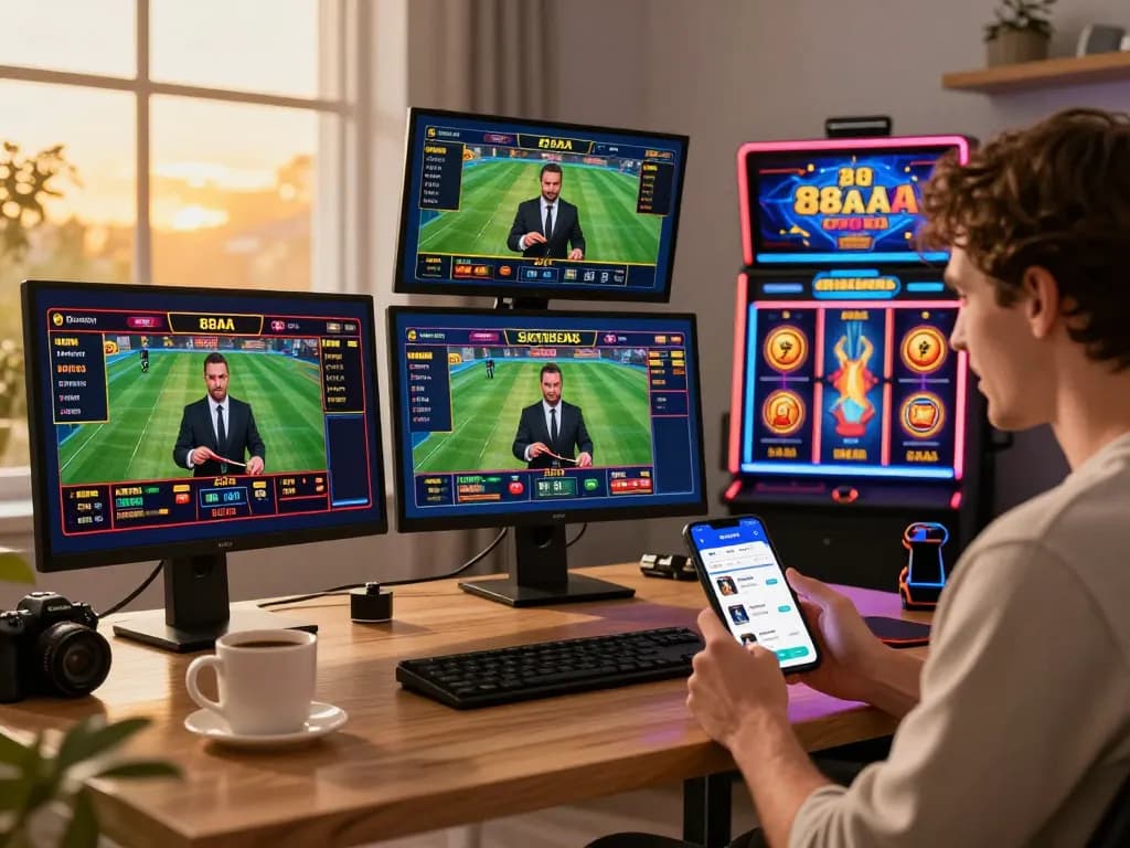 Experience the excitement of 88aa nhà cái uy tín with vibrant digital betting on sports and casino games from a modern home office.