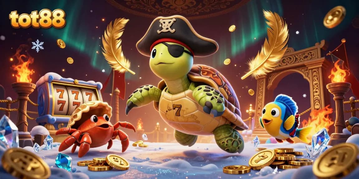 tot88 slots illustration featuring a pirate turtle, hermit crab, and parrotfish amidst treasure and casino elements.