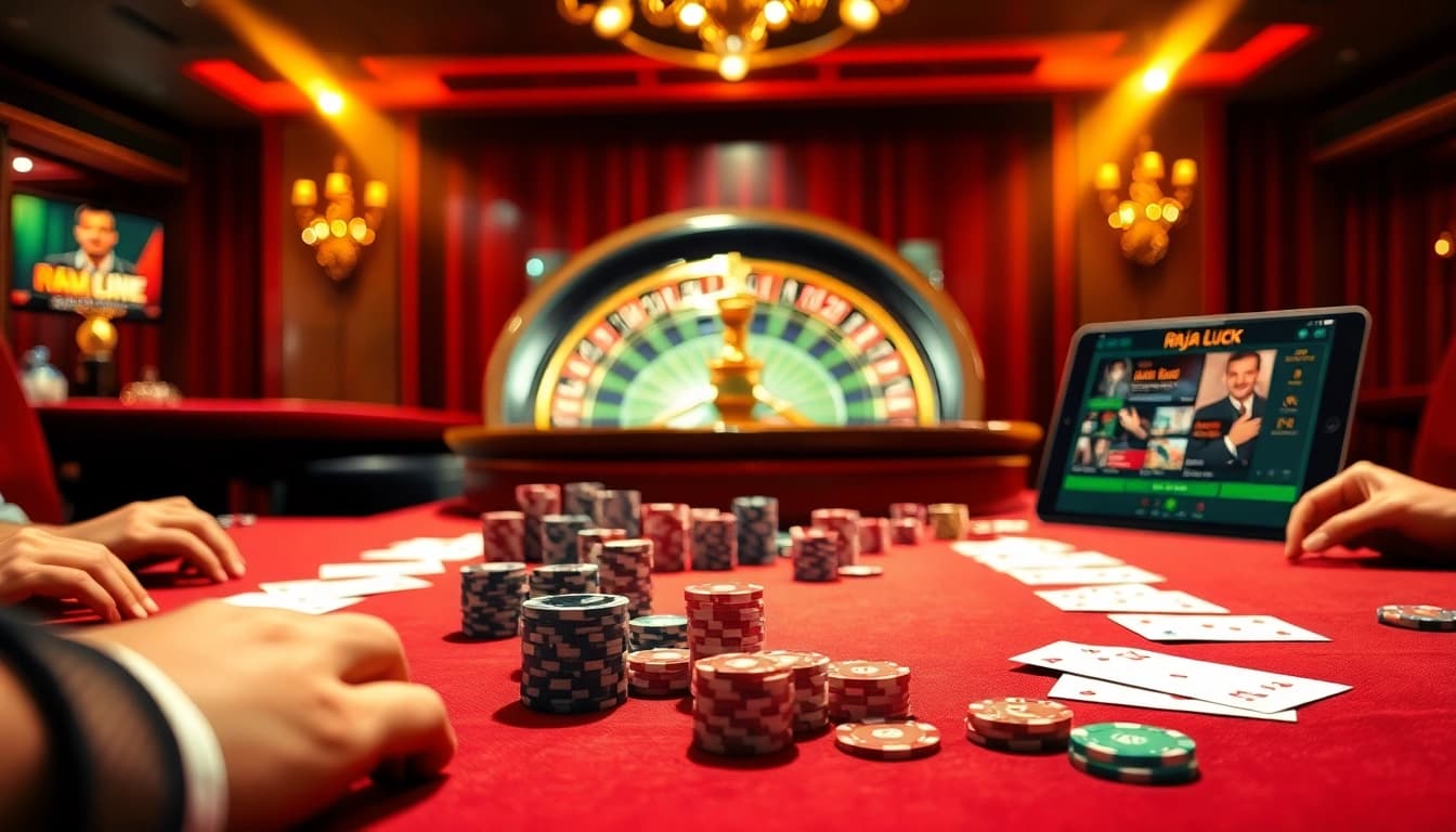 Engaged players enjoying a raja luck casino experience at an elegant gaming table filled with chips and cards.