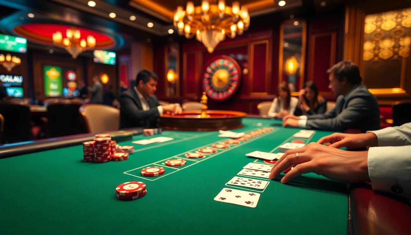 Watch gamblers engage in strategic gameplay at a kqbd-themed blackjack table filled with excitement.