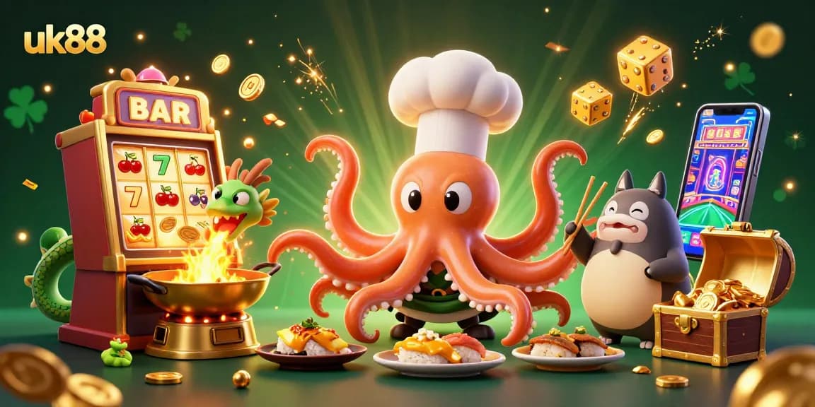 Engage with thrilling gaming experiences at uk88, showcasing vibrant characters preparing delicious dishes in a dynamic casino setting.