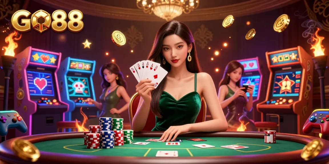 Engage in the excitement of GO88 while playing at a luxurious poker table with vibrant casino elements.