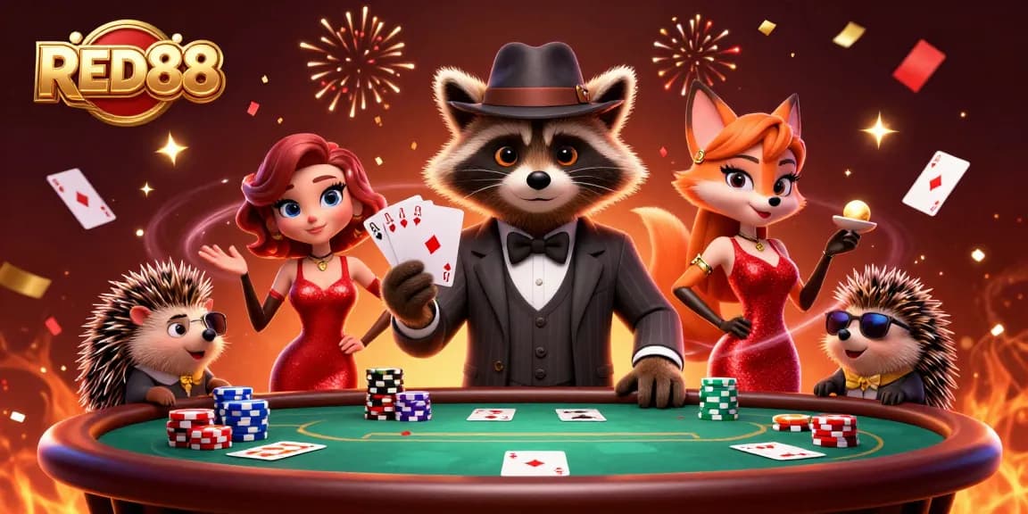 Play poker with excitement at RED88 featuring vibrant characters and casino elements.