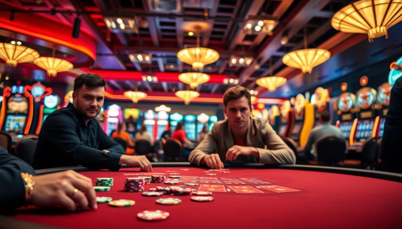 Engage with Diwa777 at a thrilling casino poker game featuring colorful chips and vibrant players.