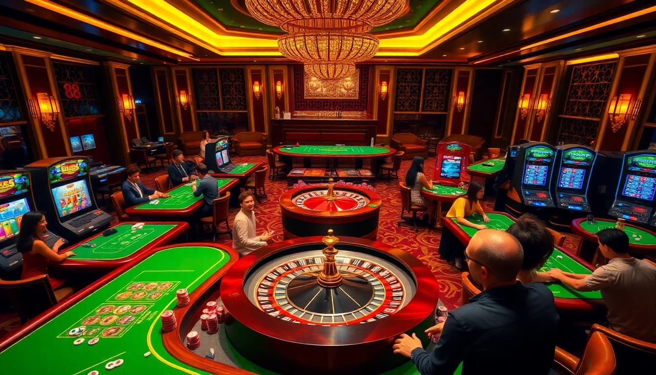 Experience the thrill of Go 88 casino with lavish gaming tables, vibrant slot machines, and poker chips.