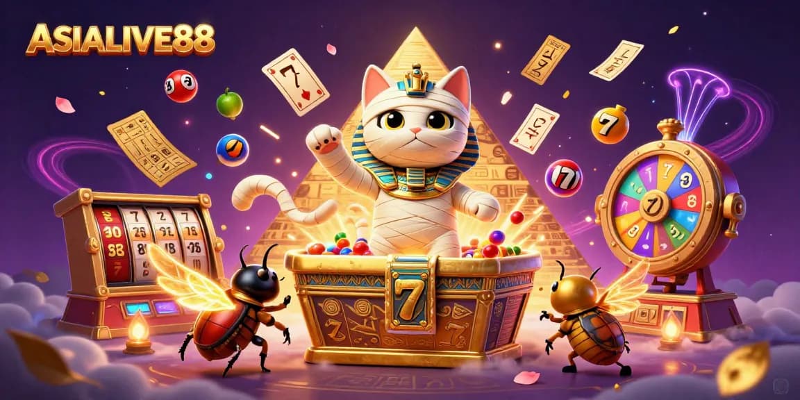 Engage with ASIALIVE88's vibrant gaming scene featuring a dynamic mummy cat and exhilarating slot excitement.