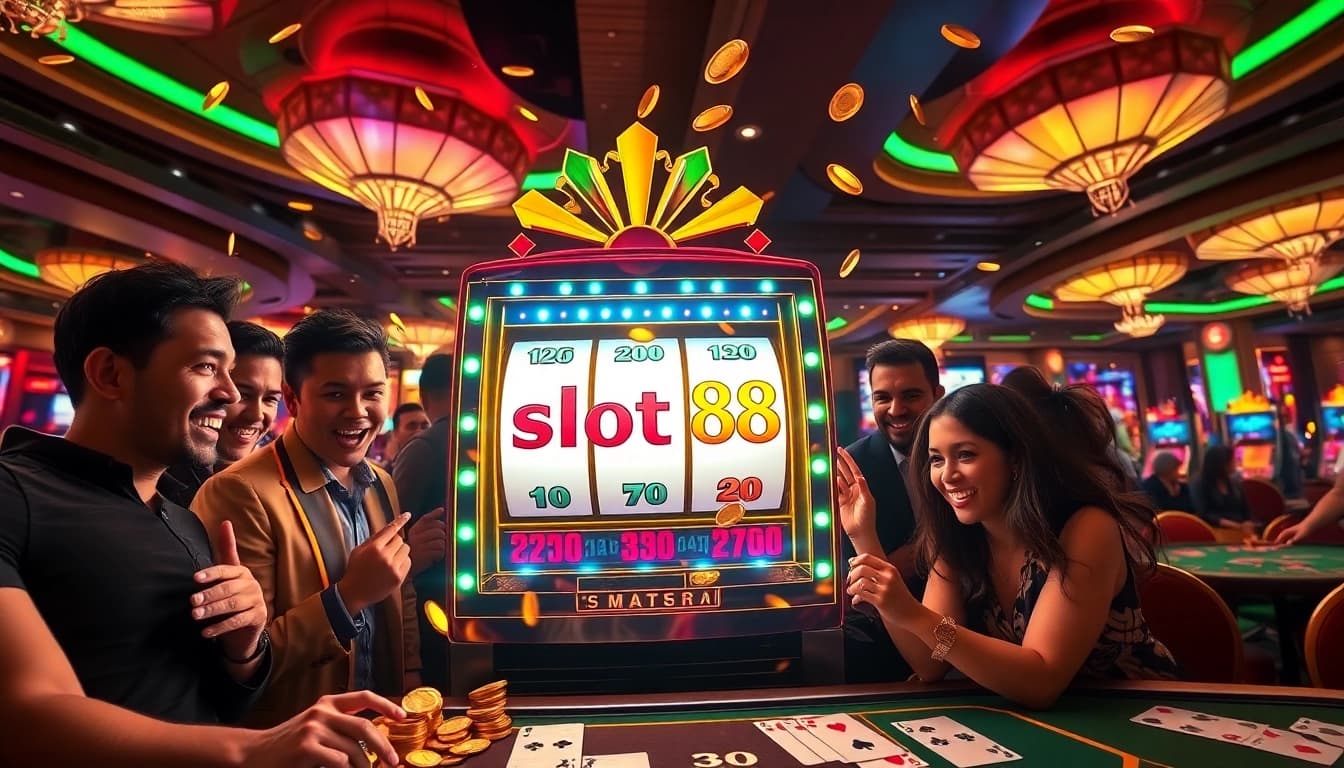 Players enjoying the excitement of slot88 at a vibrant casino with colorful lights and thrilling atmosphere.