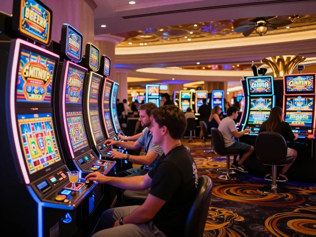 Players enjoying colorful slot machines at taixiusunwin.art, showcasing excitement in a vibrant casino