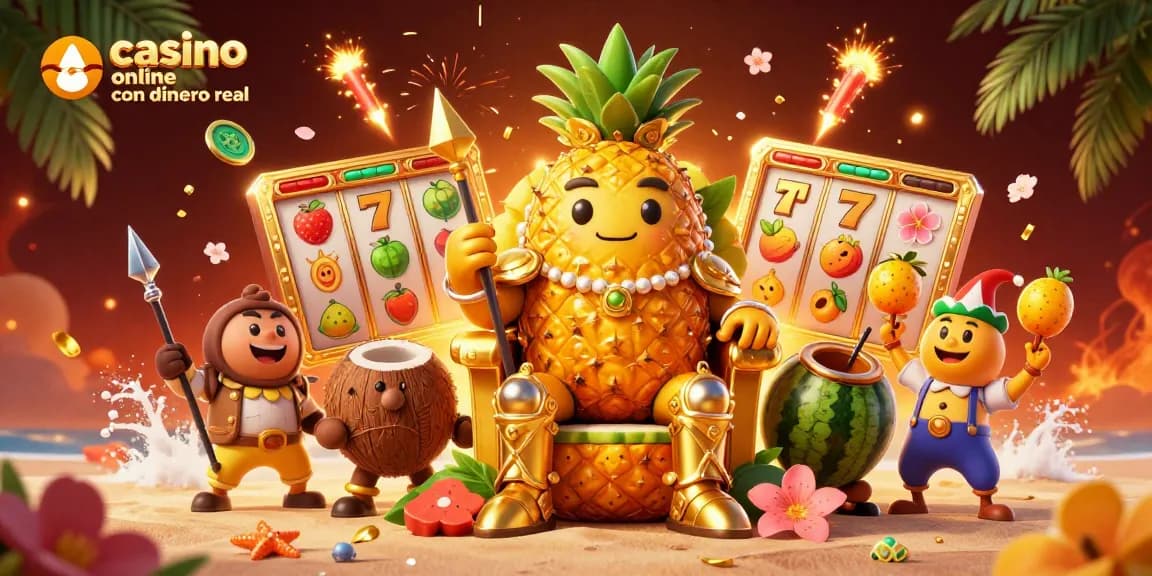 Disfruta de la emoción de un casino online con dinero real con el rey de piña dorada y sus guardianes en una escena vibrante.