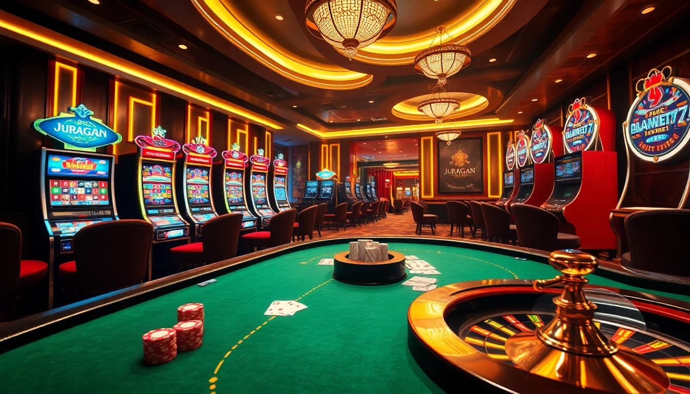 Experience the thrill of gaming with juragan77 at an elegant poker table and vibrant slot machines.