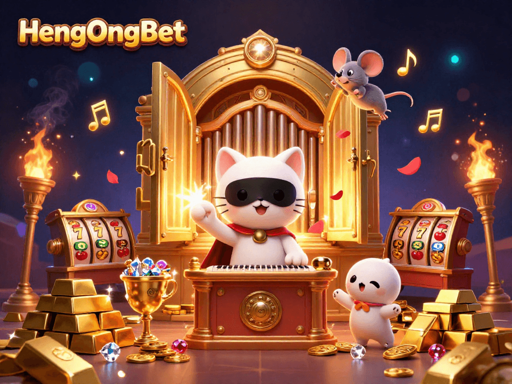 HengOngBet captivates players with thrilling slot symbols and cartoon characters in a vibrant casino scene.