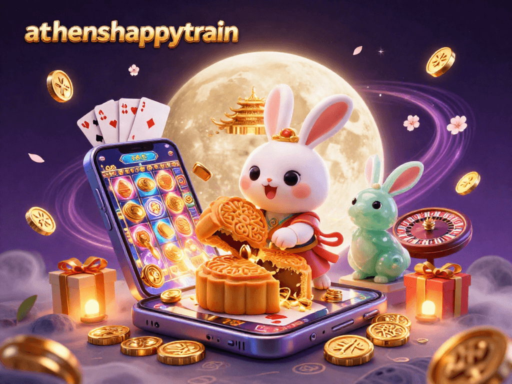 Athenshappytrain showcases a captivating scene with a moon rabbit revealing poker chips, embodying the allure of gaming.