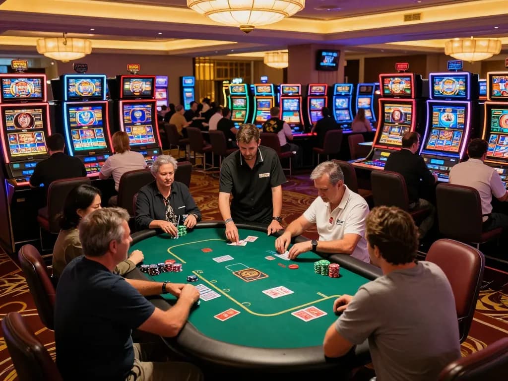 Experience high-stakes gameplay at Go88 casino, showcasing players engaging at poker tables with vibrant slot machines.
