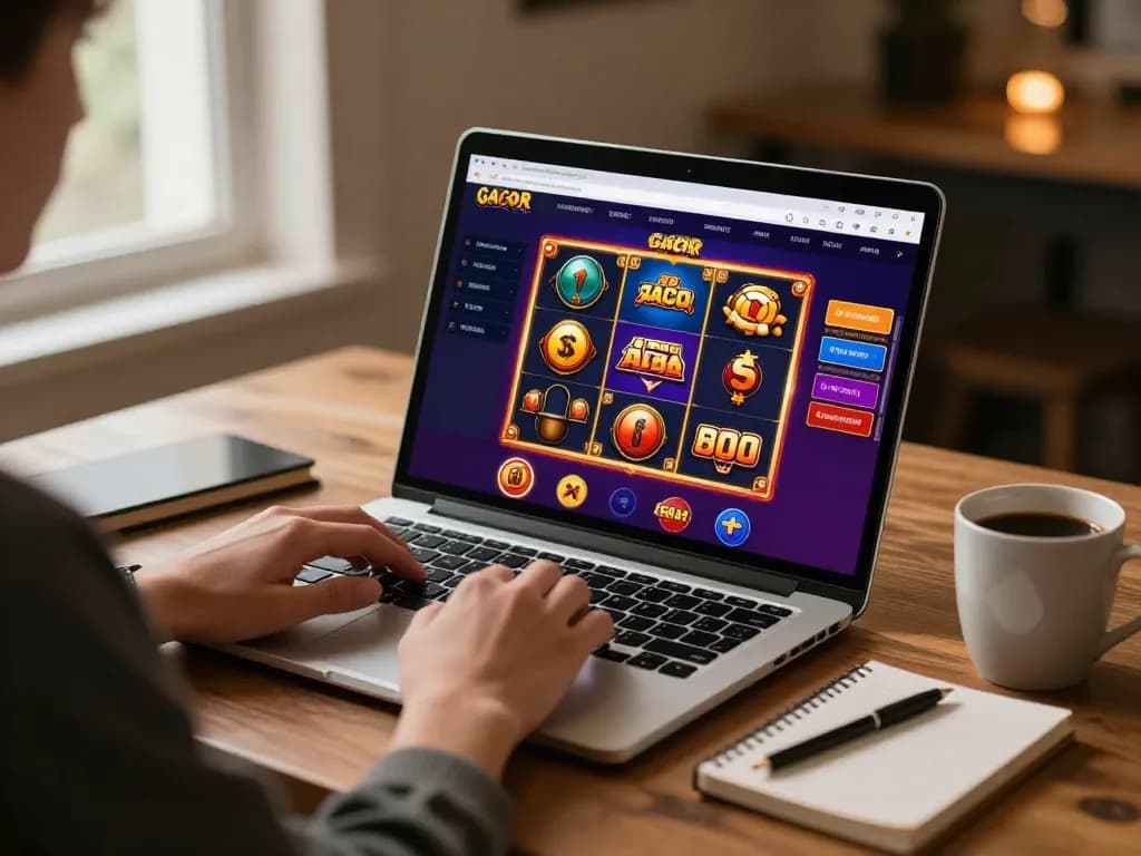 Engaging gaming session showcasing slot gacor options on a laptop from a cozy home office.