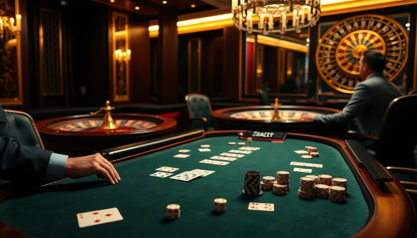 Experience the excitement of S8 at a lavish poker table with vibrant cards and chips.