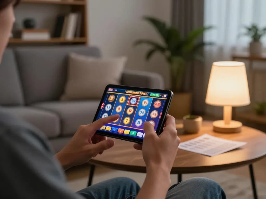 Engaging with slot qris on mobile device in a cozy living room for responsible gaming.