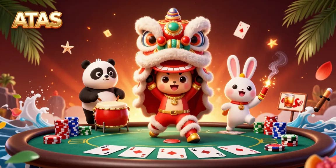 Engage in the vibrant festivities at ATAS Casino with a lively dragon dance and poker excitement.
