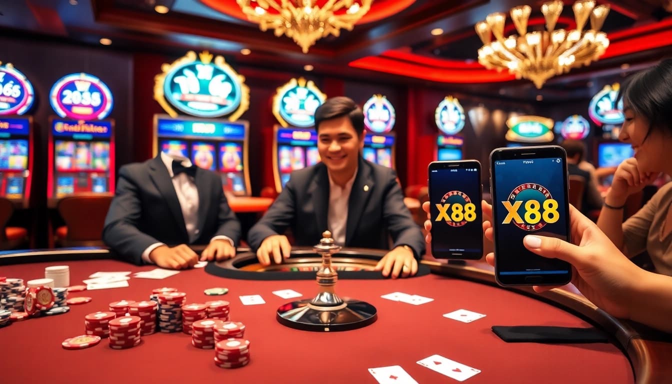 Playing cards and poker chips at a luxurious casino scene featuring XX88 branding.