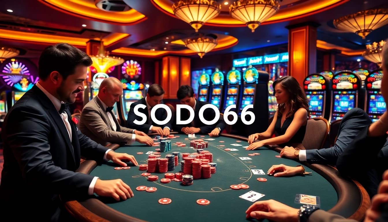 Excited players enjoying a high-stakes poker game at SODO66 Casino with vibrant atmosphere.