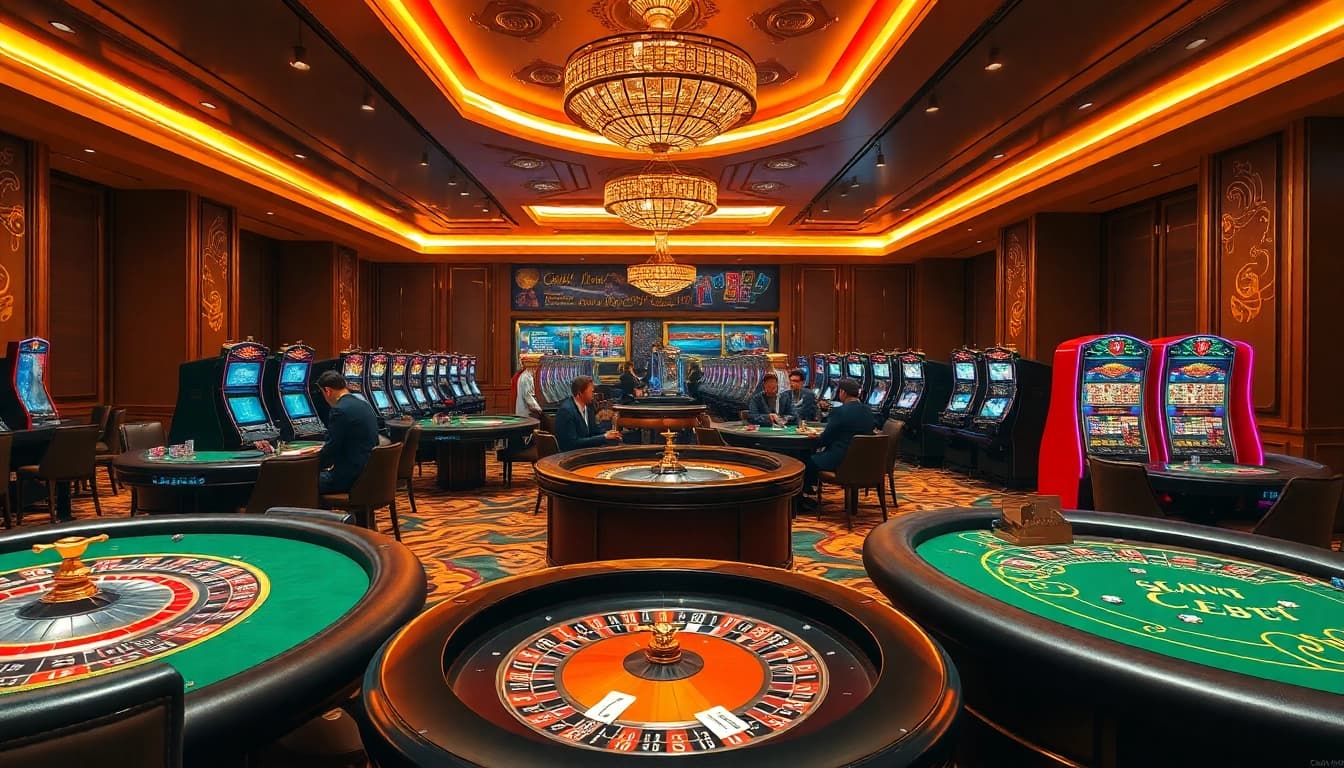 Cổng Game DEBET showcases an exciting casino scene with vibrant players at various gaming tables.