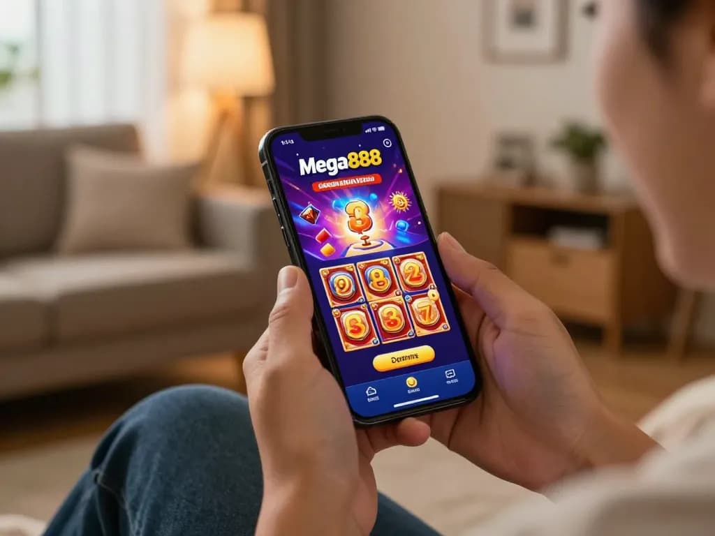 Mega888 Malaysia app in action on a smartphone, highlighting online gambling experience in a cozy home.