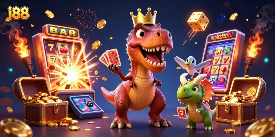 Join the fun at j88 with a vibrant 3D casino scene featuring characters and slot machines.