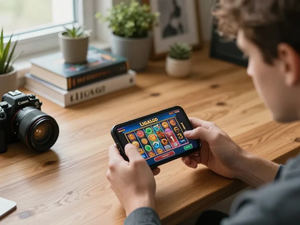 LIGALGO player engaging with mobile slot game in a cozy home setting, showcasing responsible gaming.
