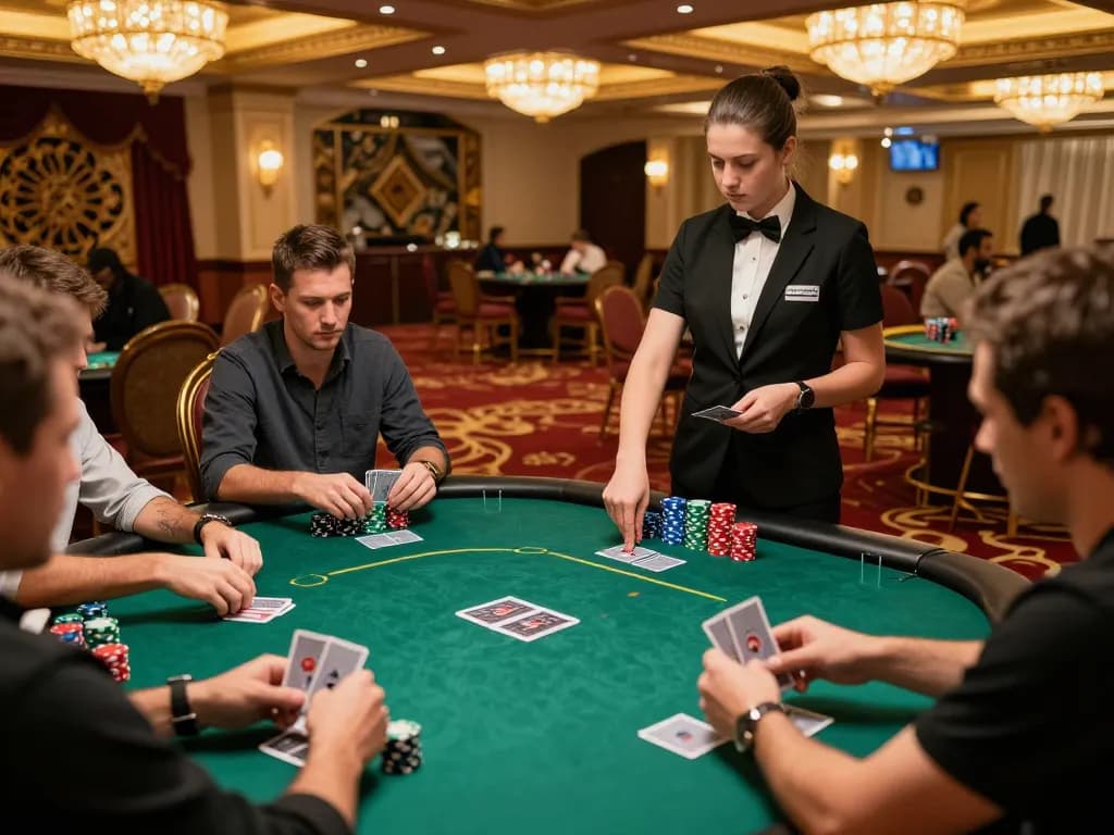 Players engage in a strategic poker game at a luxurious casino with bem88 branding visible.