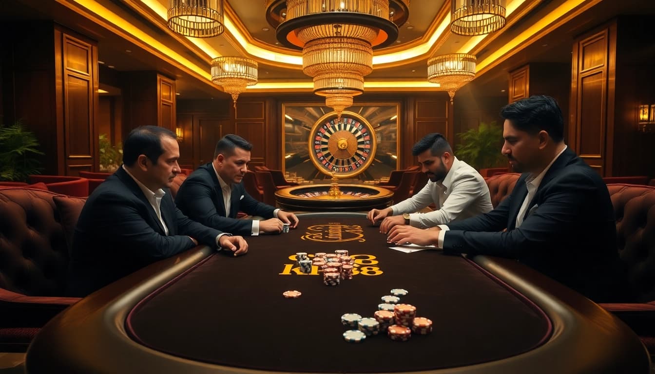 Players engaging in high-stakes poker at KP88's luxurious casino table.