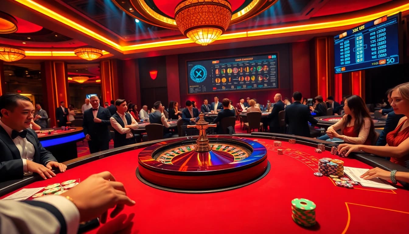Players engage at XX 88 casino tables, featuring roulette wheels and vibrant poker chips.