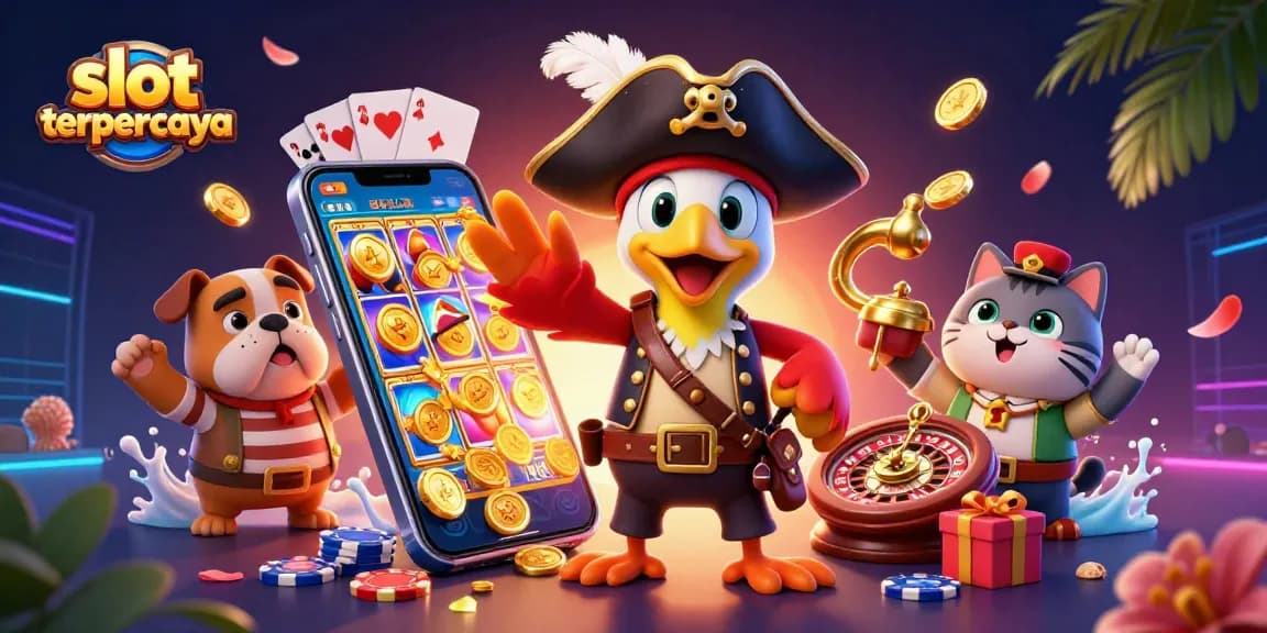 Engage with slot terpercaya for high RTP and exciting gameplay, featuring vibrant casino elements and characters.