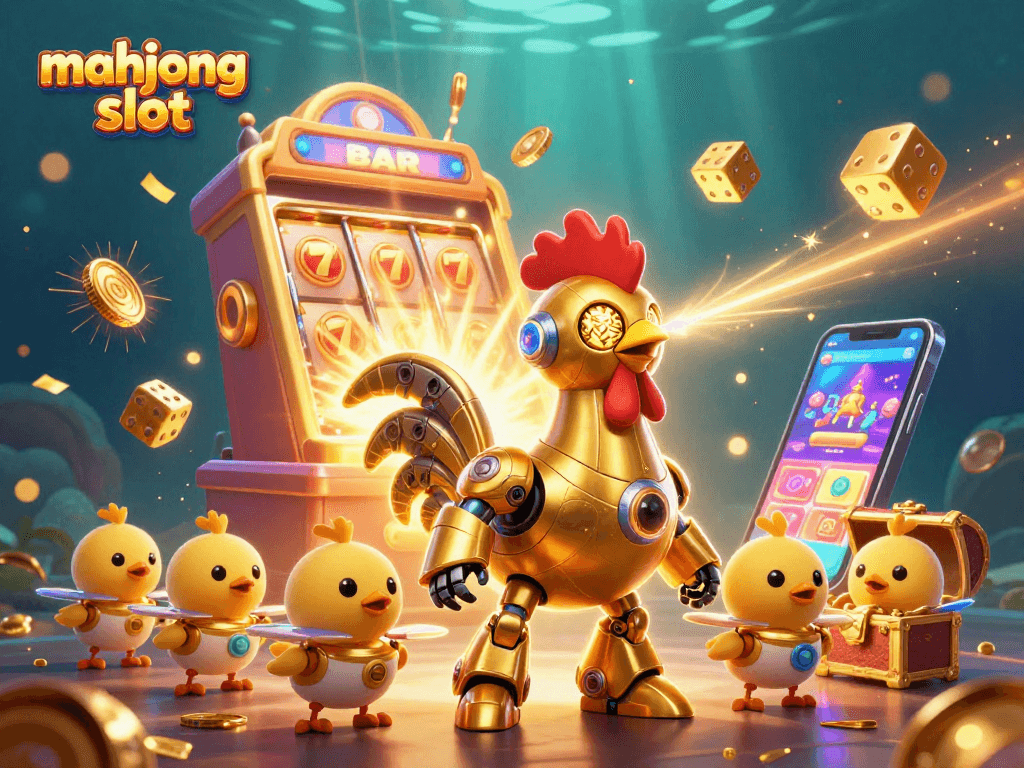 Engage in the thrilling mahjong slot experience with our vibrant robotic characters and dynamic casino elements.