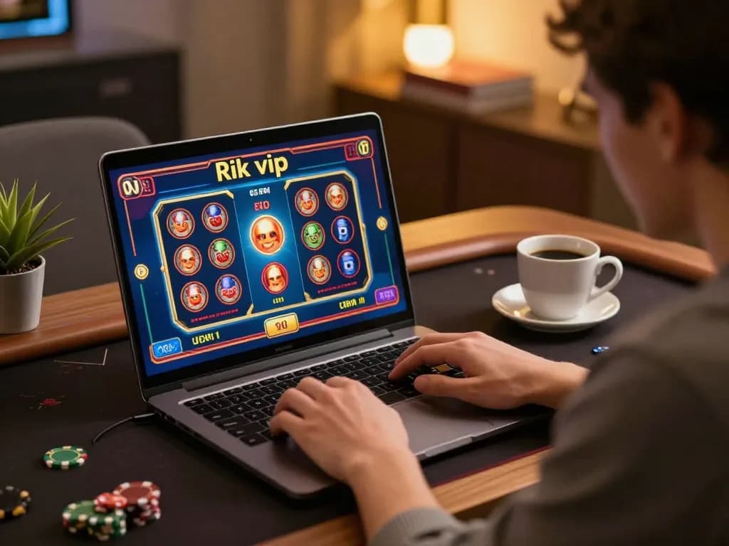 Engaging in online games at rik vip on a laptop, showcasing a vibrant casino interface