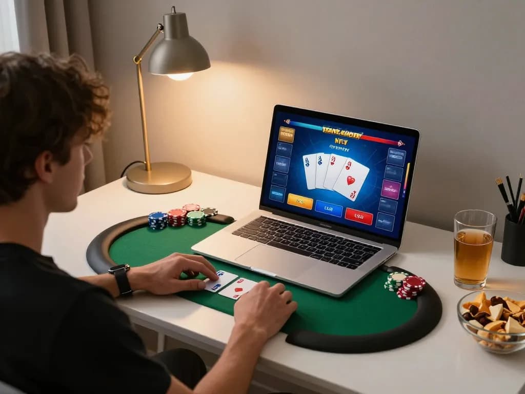rikvip player engaging in online poker at home with vibrant game graphics and cozy ambiance
