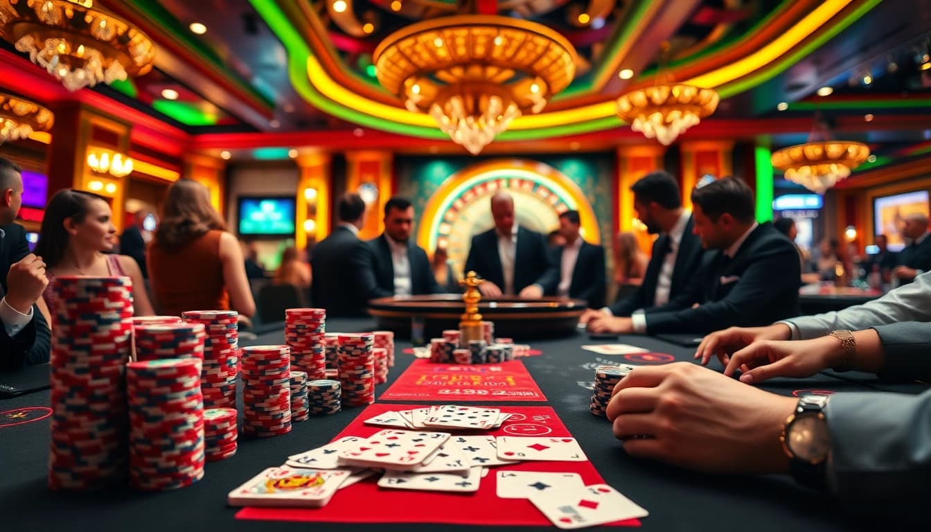 Experience the thrill of juragan77 at a luxury casino poker table overflowing with chips.