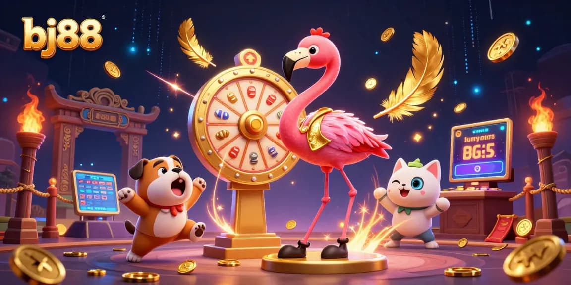 Engage with bj88's thrilling action showcasing a flamingo host, bulldog contestant, and cat assistant in an exciting gambling arena.