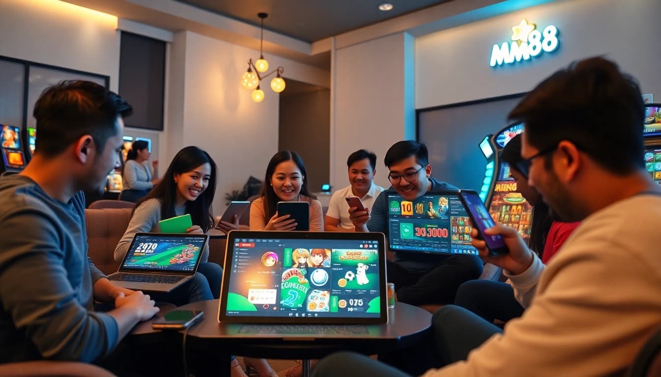 MM88 online gambling platform showcasing diverse players engaged with various games, highlighting excitement and user-friendly interface.