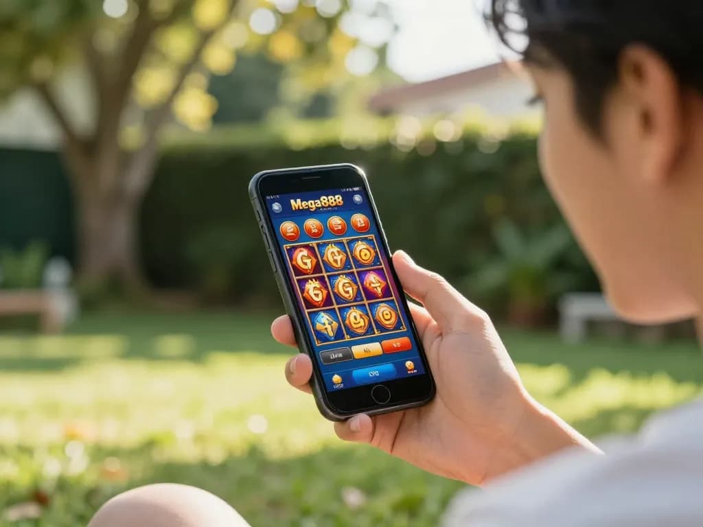 Engaging gameplay on mega888 malaysia casino app on smartphone in a sunny backyard.