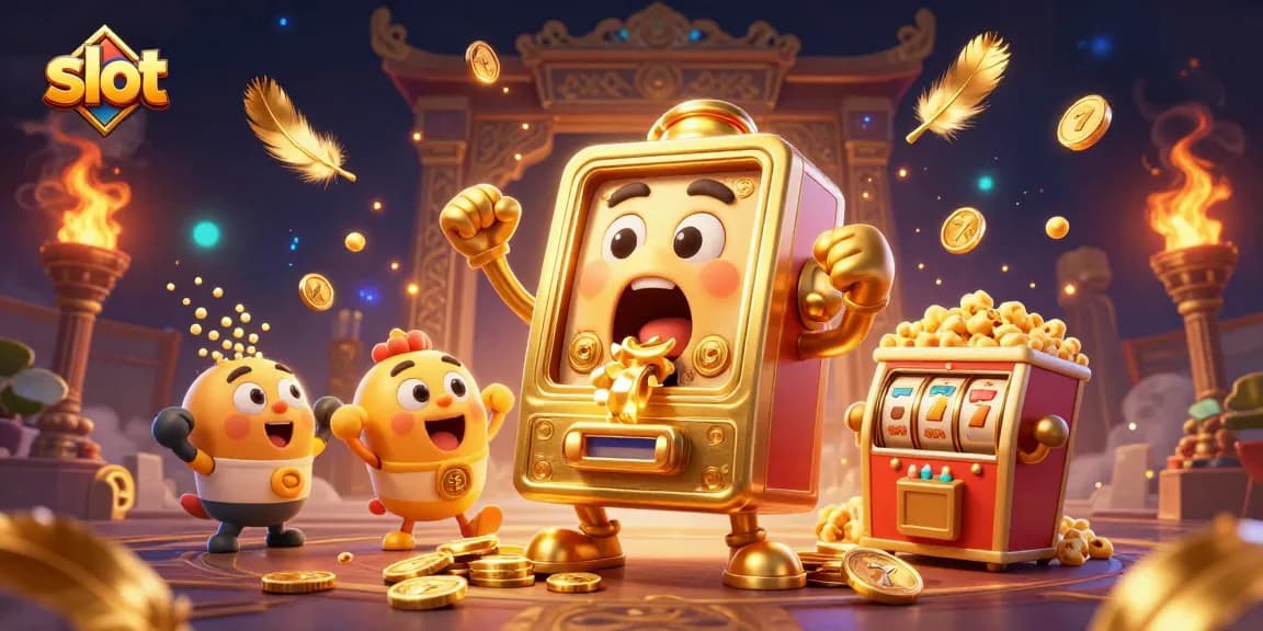 Slot menang besar dengan mesin slot yang ceria dan pemandangan kasino yang menggembirakan.