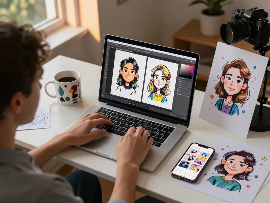 Create a Caricature using online tools while showcasing colorful artistic workspace.
