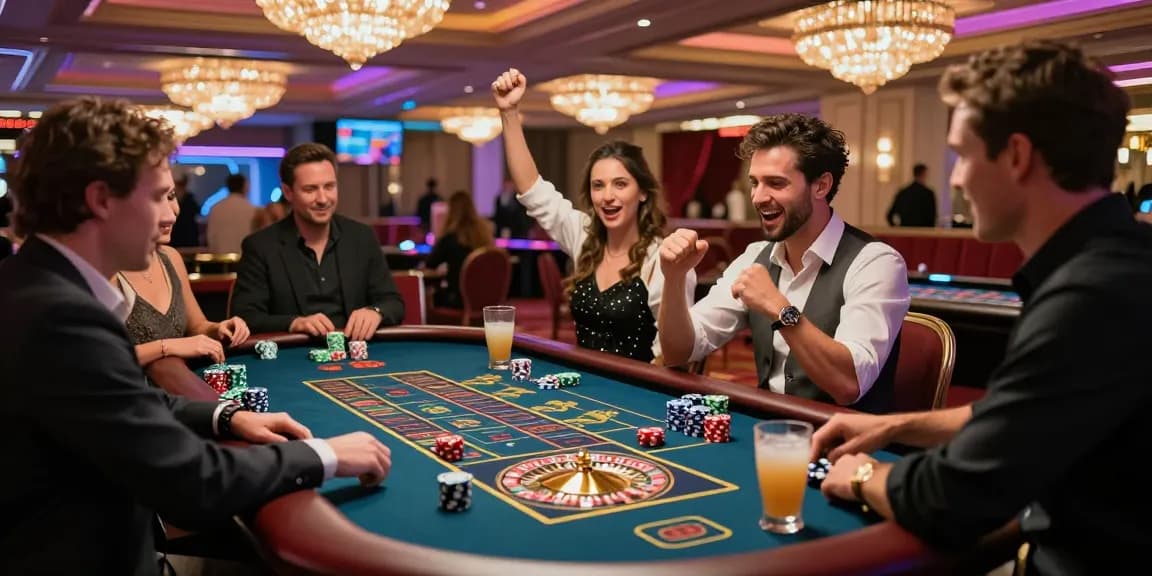 AA88 COM players celebrating a win at a roulette table in a vibrant casino.