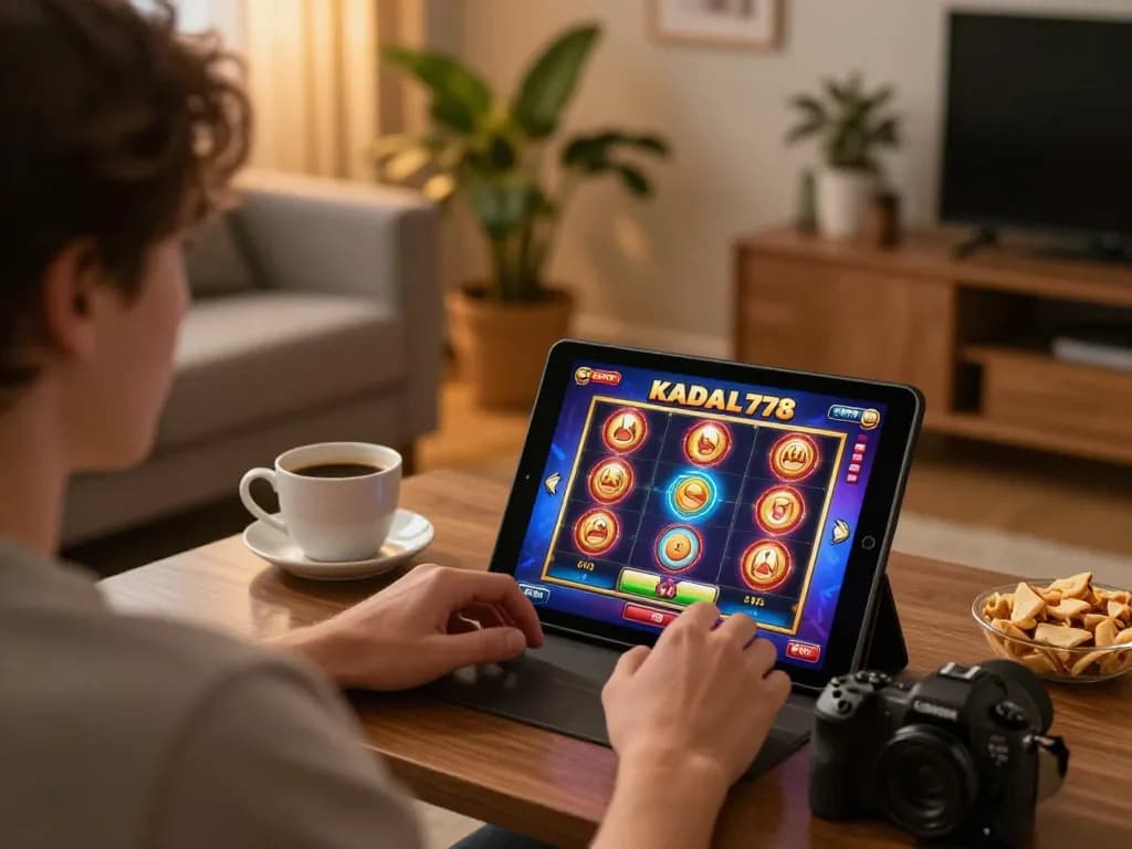 KADAL778 player engaging in vibrant slot gameplay on a tablet in cozy home setting, emphasizing relaxed and responsible gaming.