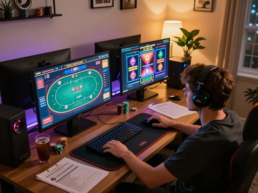 Player engaged in online casino games on multiple screens, showcasing situs gacor and strategic gameplay.