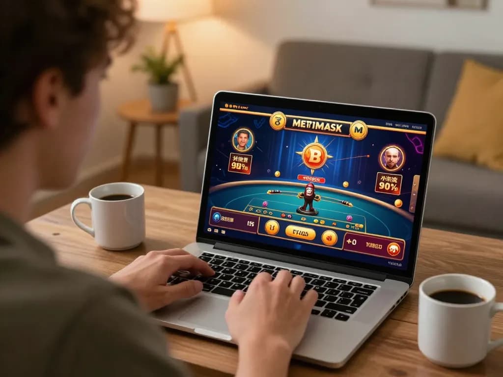 Play at a MetaMask crypto casino, showcasing dynamic online gameplay through a player's laptop.