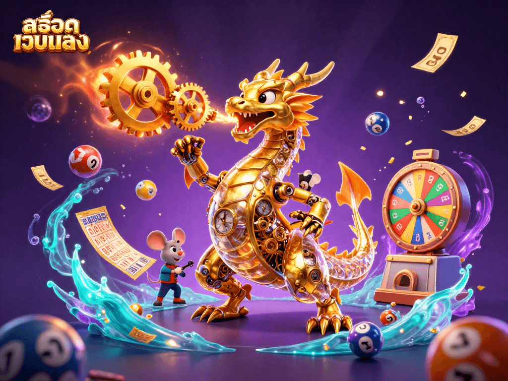 Experience thrilling moments with สล็อตเว็บตรง as the golden dragon breathes gears, showcasing an exciting casino atmosphere.