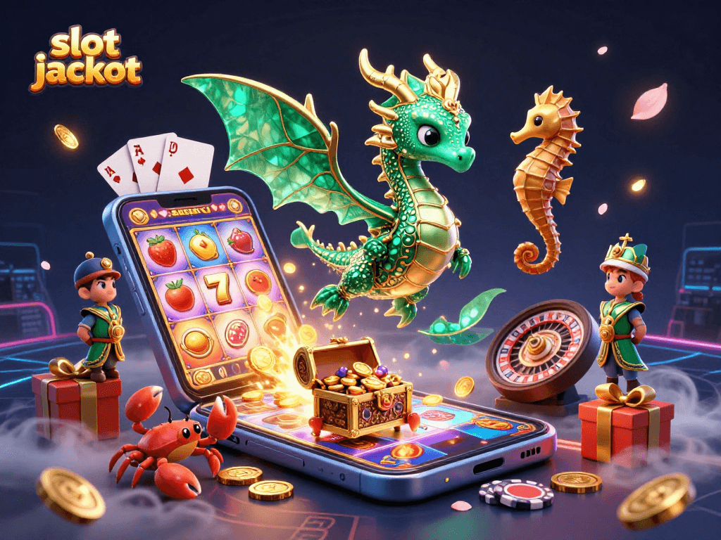 Experience thrill with slot jackpot visuals featuring a sea dragon and treasure on a colorful backdrop.