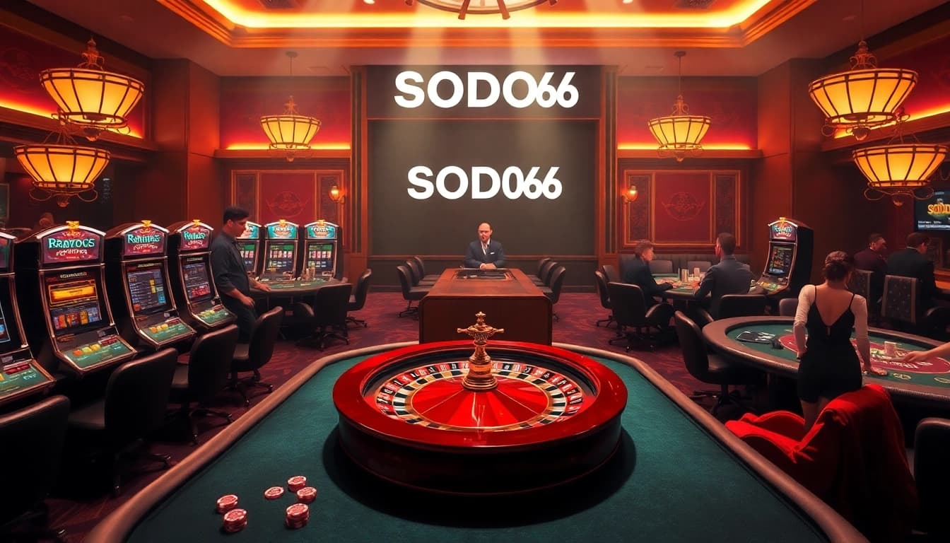 SODO66 players enjoying a luxury casino experience with tables and slot machines