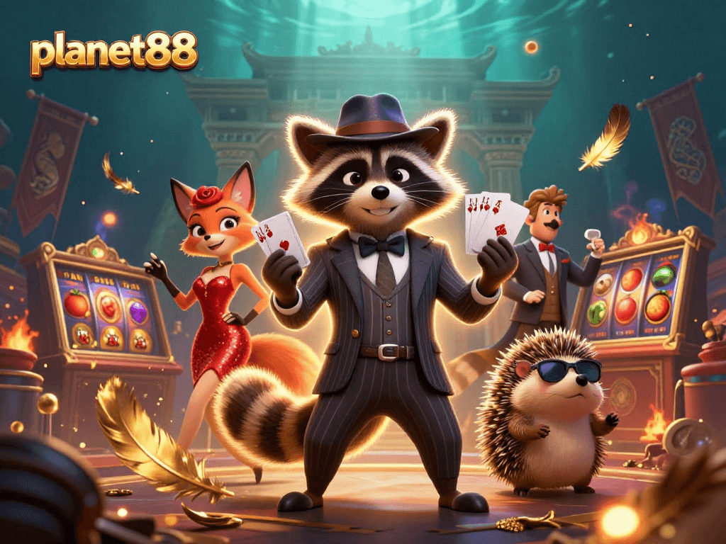 Play exciting games at planet88 featuring a suave raccoon, glamorous fox, and a hedgehog bouncer in a vibrant casino.